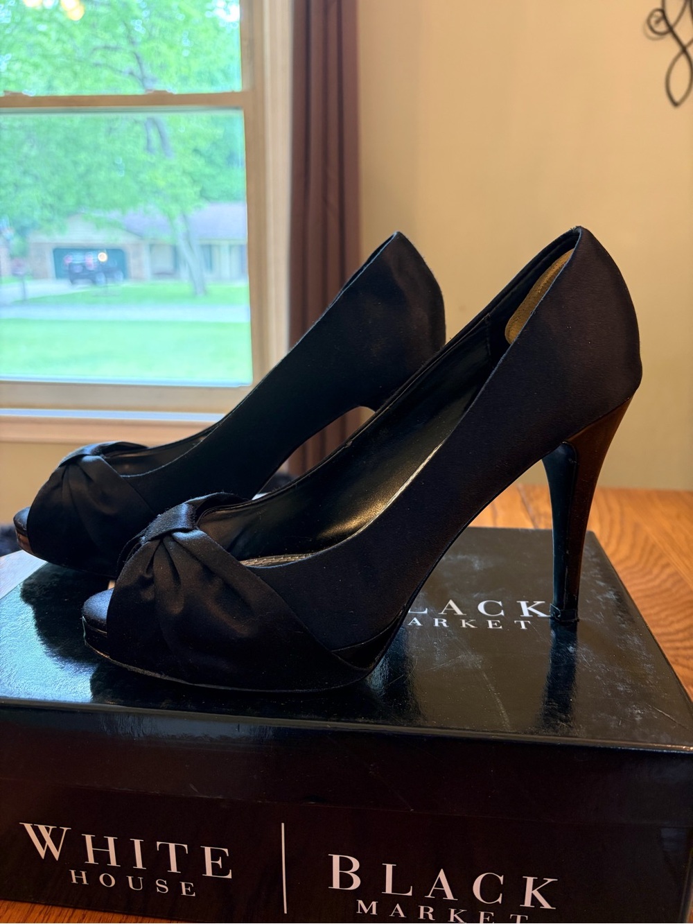 White House Black Market Black Suede Peep-Toe Knot Heels - Picture 5 of 6